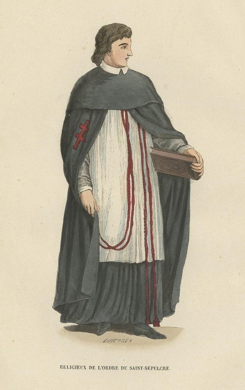 Antique Print of a Monk of the Order of the Holy Sepulchre (Rome), 1845, close-up 1