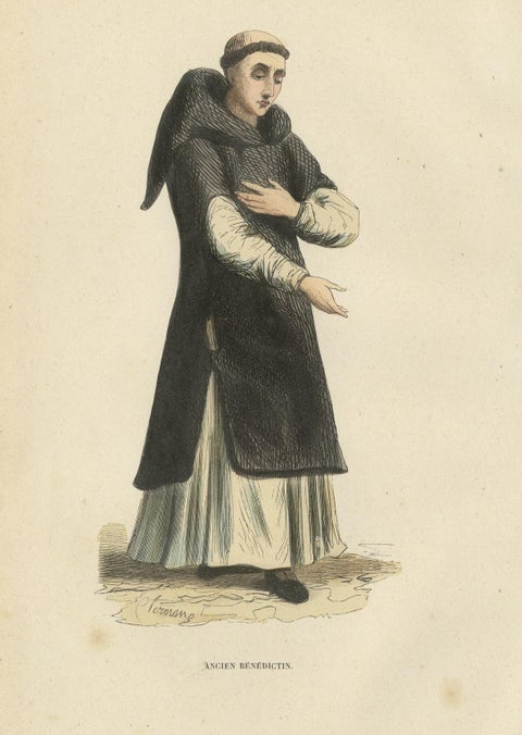 Antique Print of a Benedictine Monk, 1845, close-up 1