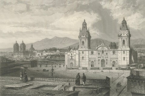 Rare Antique Engraving, Lima, Peru with Cathedral and Plaza Mayor, 1867, close-up 3