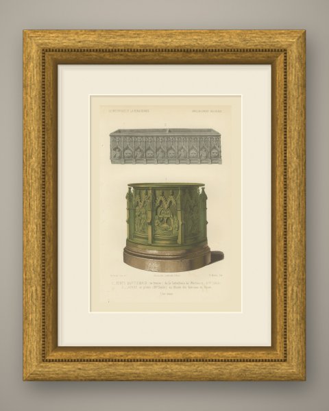 Würzburg Bronze Font and Rouen Lead Lavabo, Antique Print, 1851, shown framed