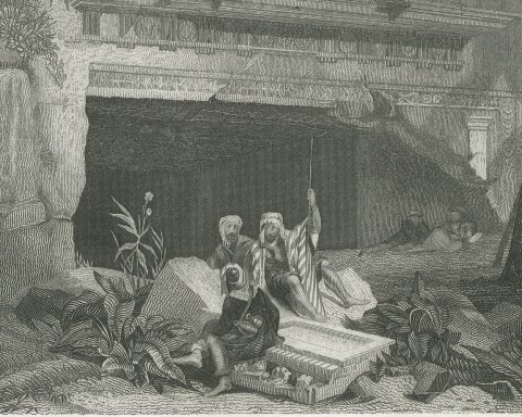 Tombs of the Kings near Jerusalem, Antique Rock Cut Facade View, circa 1850, close-up 1