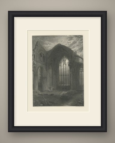 Melrose Abbey, Scotland, Antique Steel Engraving after Birket Foster, circa 1876, shown framed