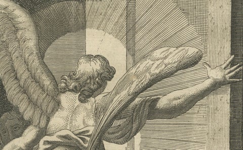 Apostles Released by Angel, Acts V Antique Engraving c.1735, close-up 4