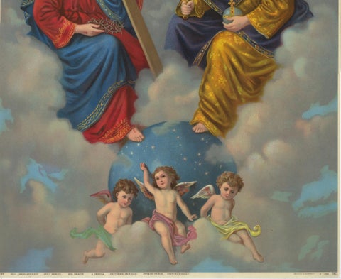 Holy Trinity Enthroned in Heaven, Antique German Chromolithograph c.1900, close-up 2