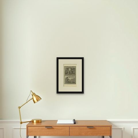 Samuel Anoints David and David Slays Goliath, Mortier Bible circa 1700, shown framed on a wall, true to size