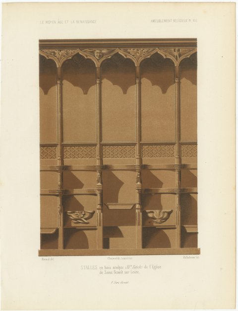 Choir Stalls of Saint Benoît sur Loire, Antique Print, 1851, view 2