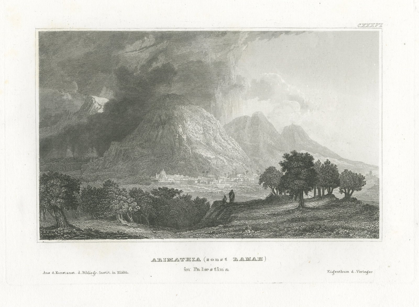 Antique Landscape View of Arimathea in Palestine, Steel Engraving, circa 1850