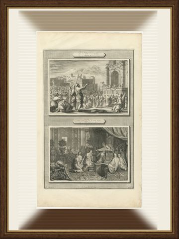 Ezra Reading the Law and Esther before Ahasuerus, Pieter Mortier, circa 1700, shown framed