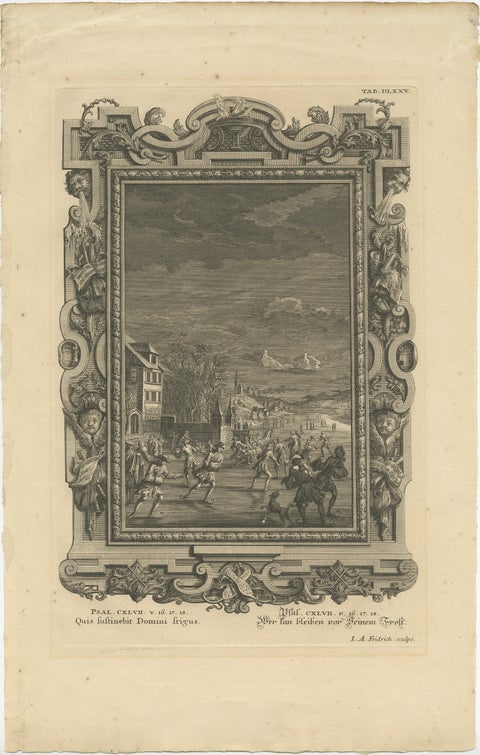 Antique Print Showing an Ice Skating Scene to Illustrate Psalm 147, in Year 1731, view 2