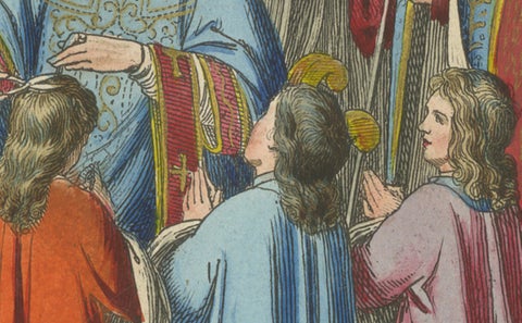 Antique Hand-Colored 1845 Engraving of Medieval Church Ceremony, France, close-up 5