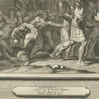 A Lord Trampled at Samaria and the Death of Jezebel, Pieter Mortier, circa 1700, close-up 2