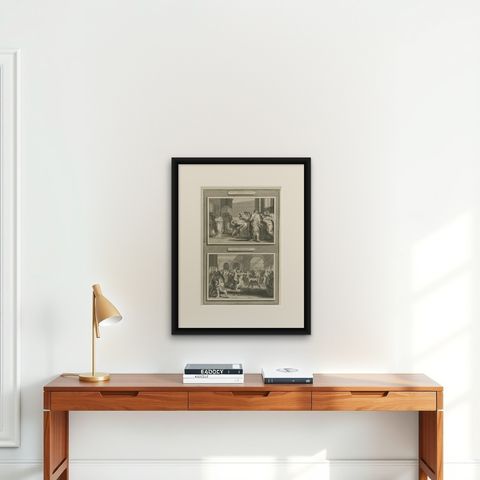Biblical Engravings, Christ, The Adulterous Woman & The Stoning of Stephen 1700, shown framed on a wall, true to size