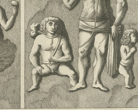 Elephanta Cave Sculptures at Stations 13 and 14, Antique Print, 1780, close-up 1