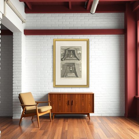 Engraving of Idols of Secotam Village in Virginia 'or now North Carolina', 1721, shown framed in a room, true to size