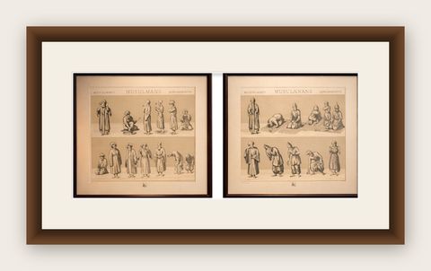 Islamic Prayer Lithographs, Muslims Worship Postures, Paris 1888 Set, shown framed