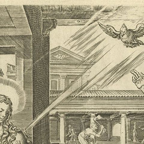 Mary Visited by an Angel, Antique Biblical Engraving, Visscher, 1674, close-up 4