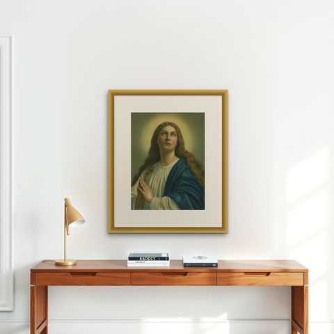 Holy Mary in Prayer, Antique German Marian Chromolithograph, 1904, shown framed on a wall, true to size