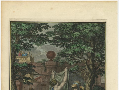 Bathsheba in the Bath, Old Testament Scene, Antique Engraving c.1730, close-up 2