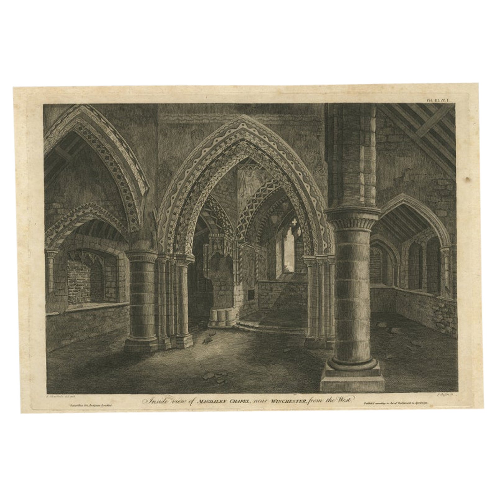 Inside View of Magdalen Chapel, Engraving of Medieval Gothic Interior, 1790