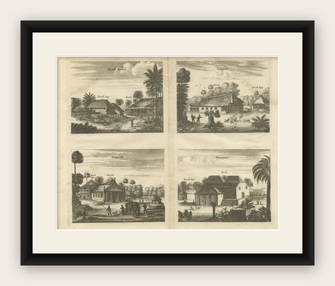 Antique Print of the Churches of Ilondi Matual, Ureputti, Catavelli and Paretitu, shown framed