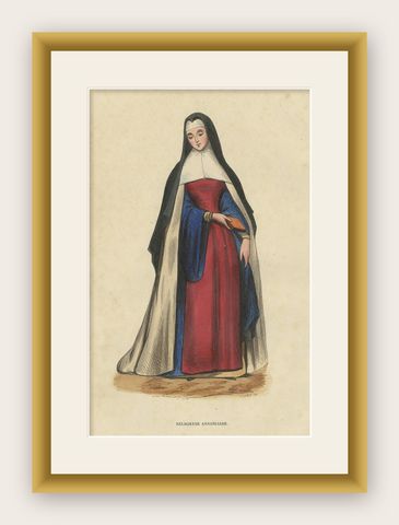 Antique Print of a Nun of Order of Annunciation of the Virgin Mary, 1845, shown framed