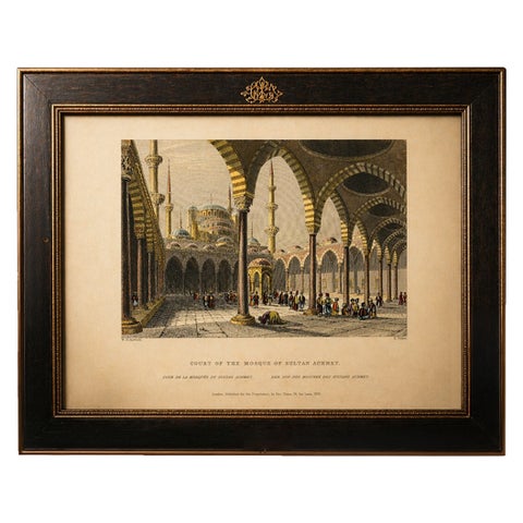 Antique Print, Blue Mosque Interior, Istanbul Ottoman Courtyard, ca. 1839