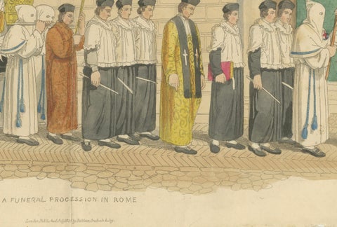 Funeral Procession in Rome with Hooded Figures and Clergy, London 1820, close-up 2