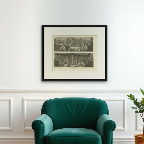 Antique Print of Religious Ceremonies by Picart, 1727, shown framed on a wall, true to size