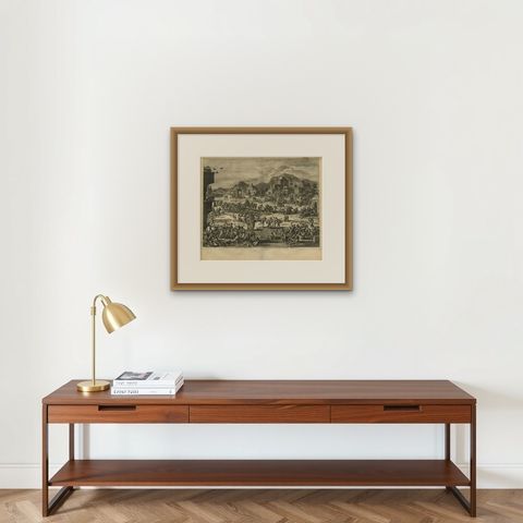 Antique Bible Print Slaughter of the Innocents by J. Luyken, 1743, shown framed on a wall, true to size