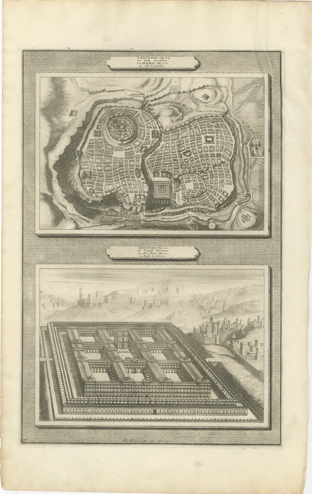 Plan of Jerusalem and Bird's Eye View of Solomon's Temple, Mortier, circa 1700