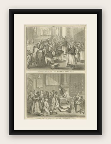 Maundy Thursday and Good Friday Rites, Old 1734 Catholic Engraving of Holy Week, shown framed