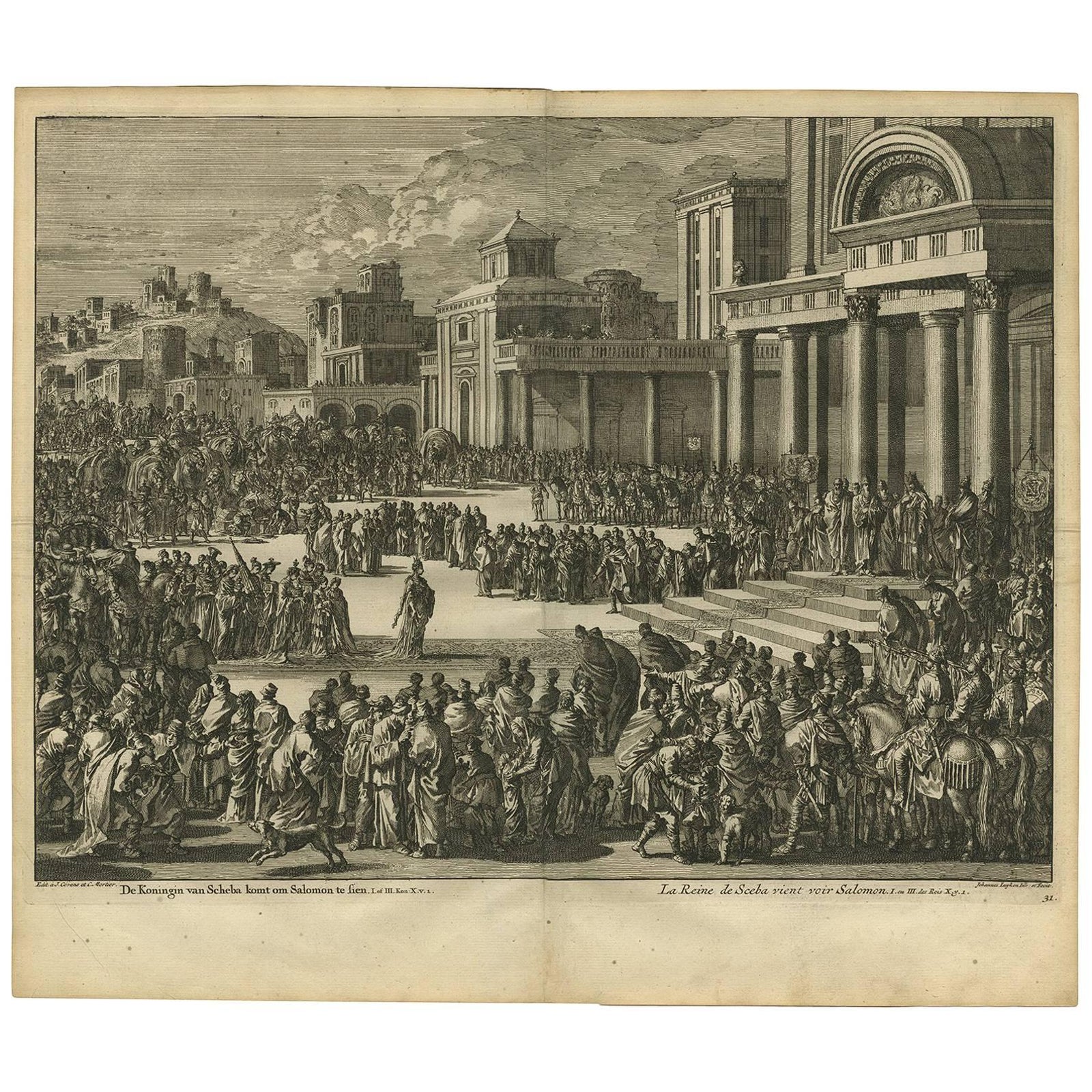 Antique Bible Print the Queen of Sheba Visits Solomon by J. Luyken, 1743