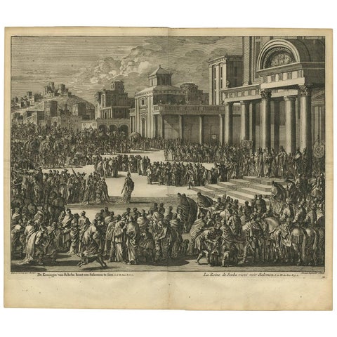 Antique Bible Print the Queen of Sheba Visits Solomon by J. Luyken, 1743