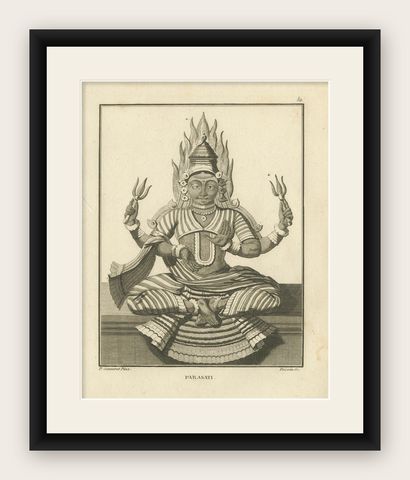 Rare 1806 Engraving: Parasati's Fiery Divinity in Hindu Mythology, shown framed
