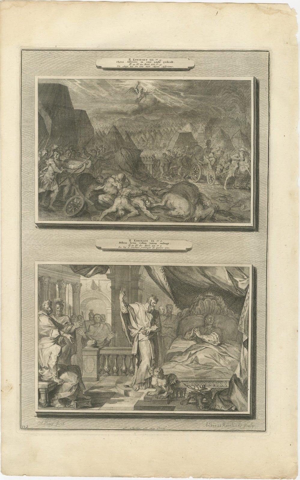 Angel Destroys the Assyrian Army and Hezekiah's Recovery, Mortier, circa 1700
