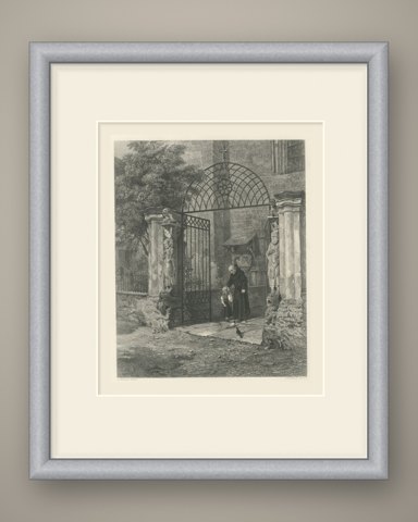 Cathedral Gateway, Chur, Antique Steel Engraving after S. Hodson, circa 1876, shown framed