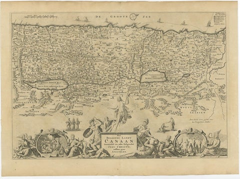 Promised Land of Canaan, Antique Map of Israel with Biblical Scenes, van Jagen, view 2