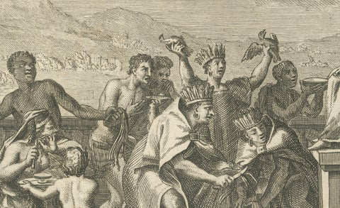 Quetzalcoatl Worship and Hunting Deity, Rare 1734 Engraving of Aztec Rituals, close-up 5