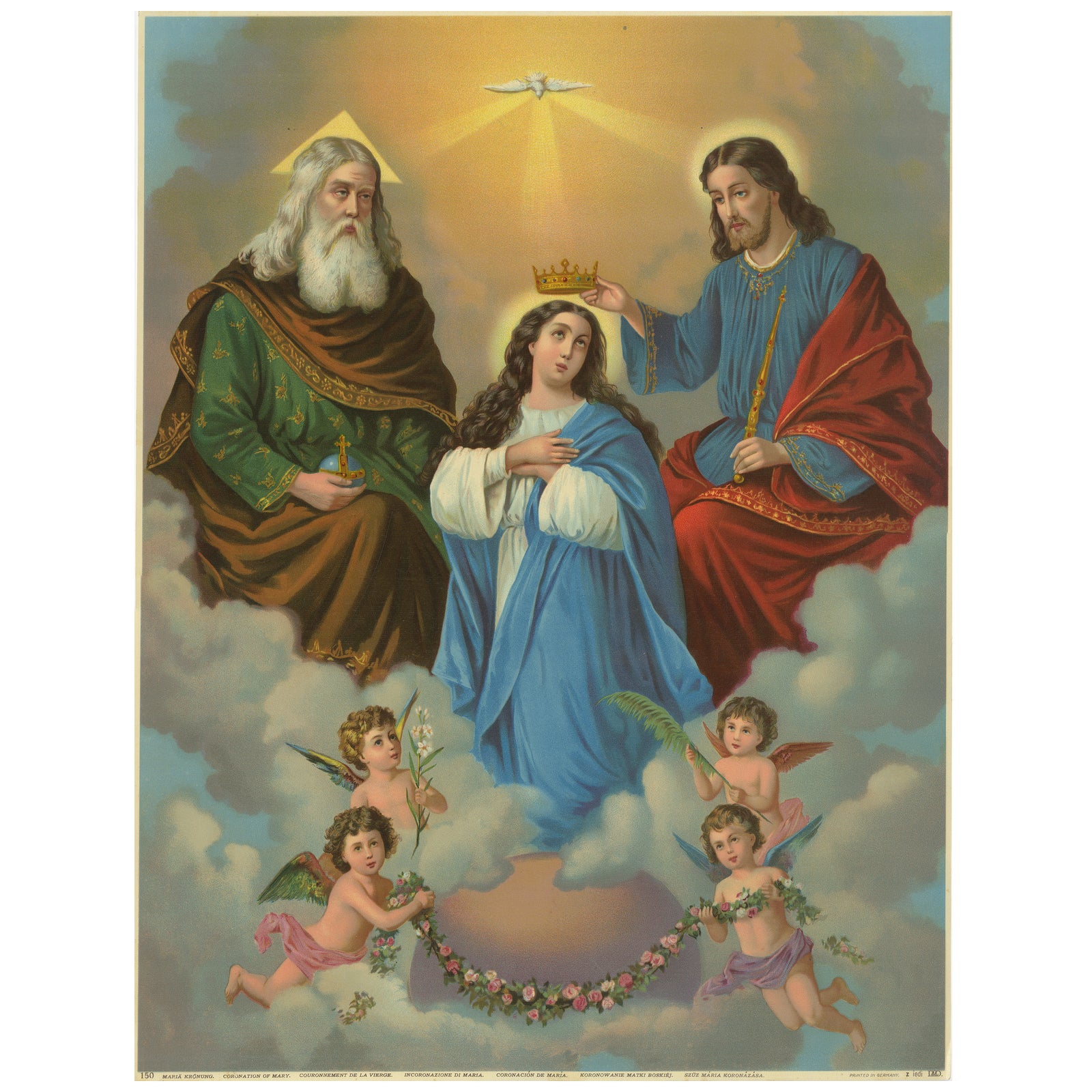 Antique Coronation of Mary Religious Chromolithograph with Gold, c. 1900