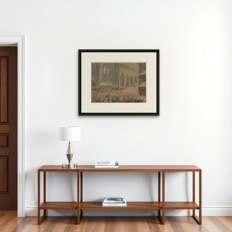 Hand-Coloured Engraving of George IV’s Coronation at Westminster Abbey, 1822, shown framed on a wall, true to size