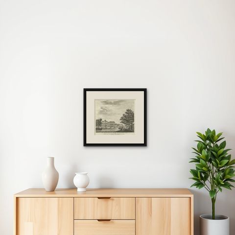 Antique Print of Two Jewish Synagogues in Amsterdam, The Netherlands, c.1760, shown framed on a wall, true to size