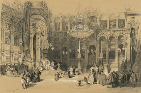 Old Lithograph depicting the Greek Chapel of the Holy Sepulchre, 1845, close-up 1