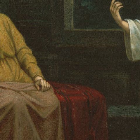 Saint Joseph Visited by an Angel, Antique German Chromolithograph c.1900, close-up 5