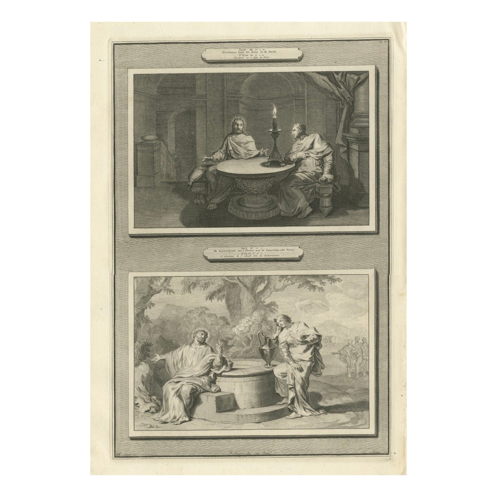 Rare Antique Print, Christ with Nicodemus & Samaritan Woman at the Well, c.1700