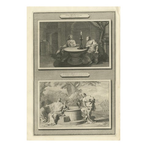 Rare Antique Print, Christ with Nicodemus & Samaritan Woman at the Well, c.1700