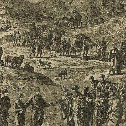 Antique Bible Print Joseph sold by his Brothers by J. Luyken, 1743, close-up 2
