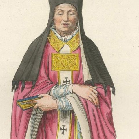 Religious Costume c.1400, Antique 1845 Print of Ecclesiastical Figure, close-up 5