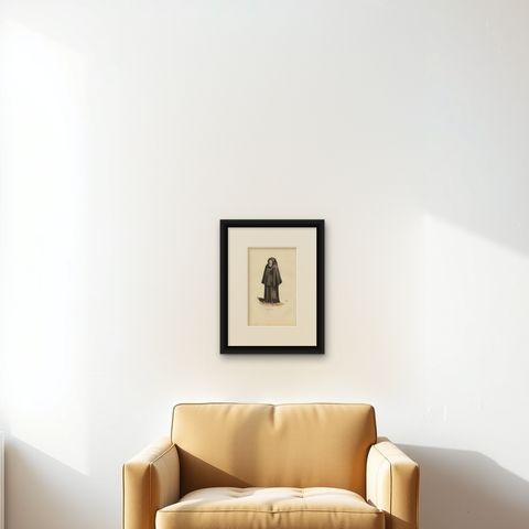 Old Print of a Capuchin in Coat, a Religious Order of Franciscan Friars, 1845, shown framed on a wall, true to size