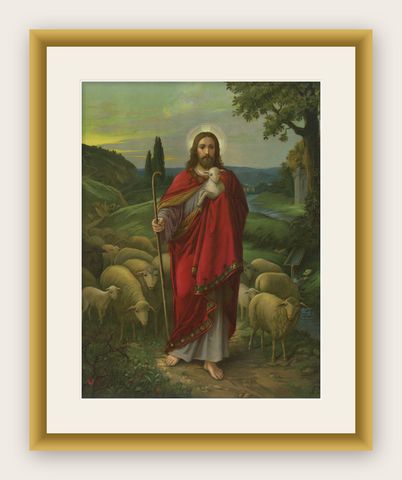 Christ the Shepherd, Beautiful Catholic Chromolithograph Artwork, ca.1900, shown framed