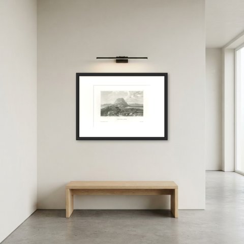 Antique Steel Engraved View of Mount Tabor, Holy Land, circa 1850, shown framed in a room, true to size